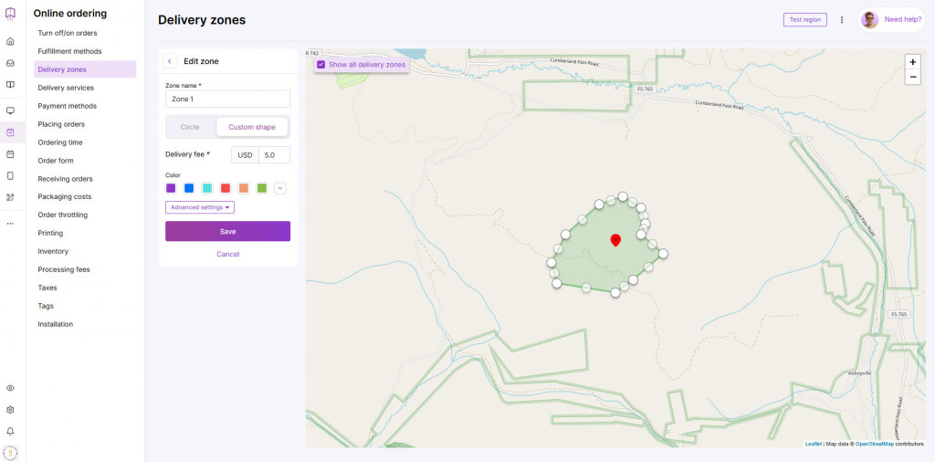 adding delivery zones in an online ordering system 