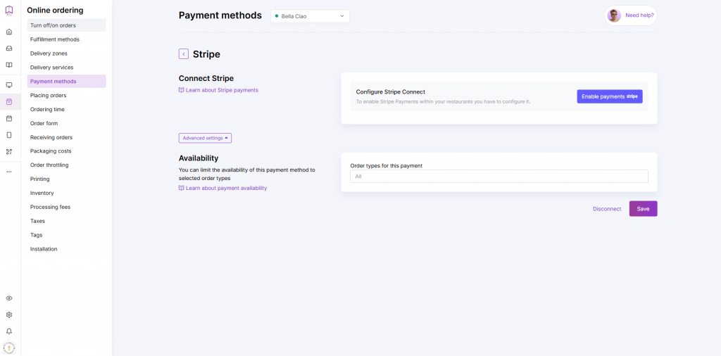 enabling online payments with Stripe in an online ordering system 