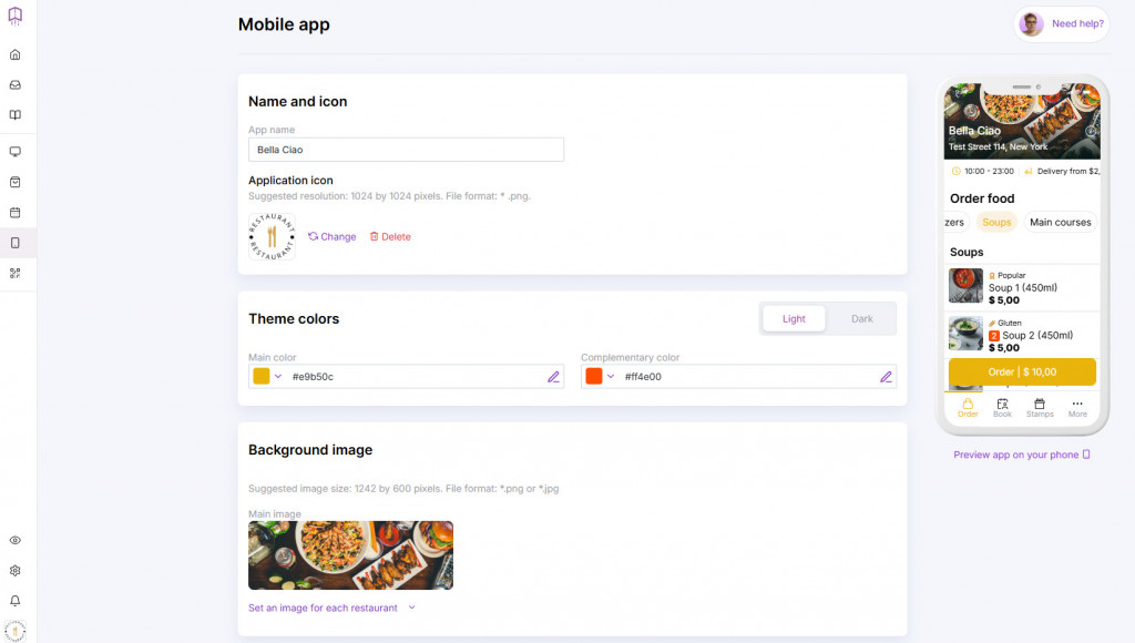 customizing layout of food delivery in a restaurant app builder