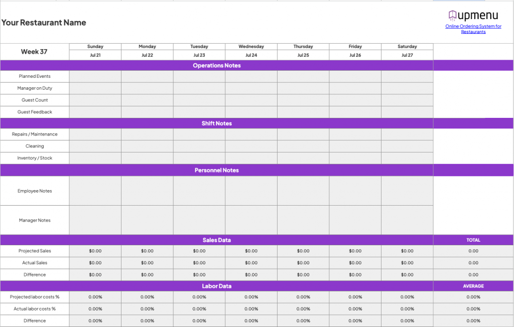 Restaurant manager log book template