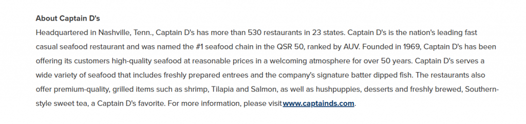 restaurant press release an example of a boilerplate about a restaurant